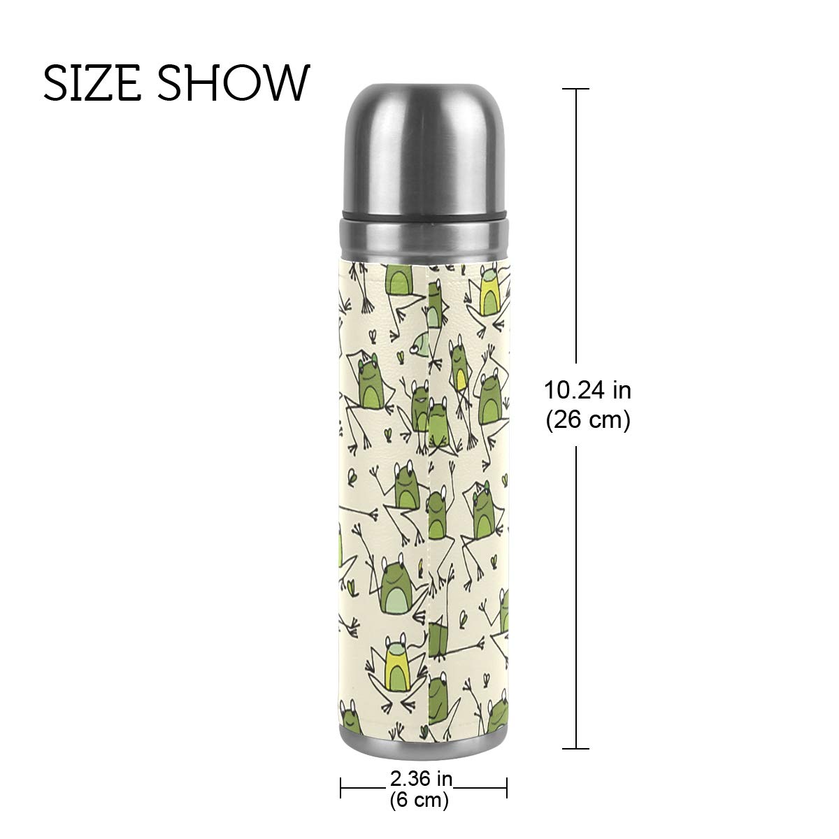 Taza de viaje aislada al vacío de acero inoxidable con doble pared a prueba de fugas, divertido diseño de rana con estampado personalizado impreso en piel auténtica, termo de 500 ml