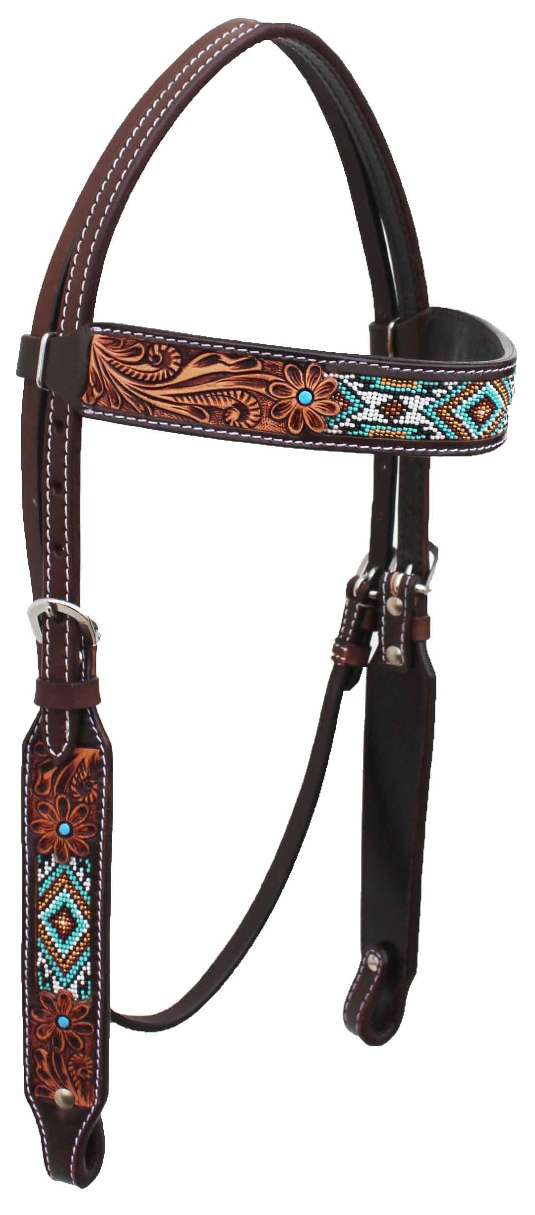 CHALLENGER Horse Show Bridle Western Leather Western Antique Floral Tooled Leather Beaded Bridle Breast Collar Tack 79RS04B