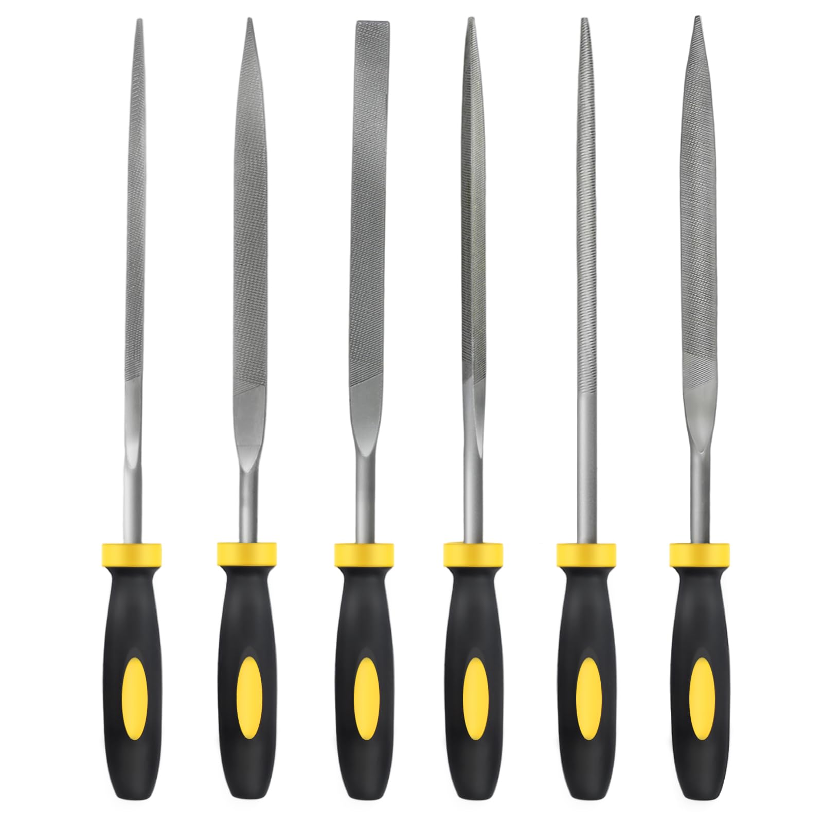 MORROWIND 6-Piece Needle File Set, Diameter 4 mm Length 160 mm Hardened Alloy Steel Mini File for Metal Wood Plastic, Includes Flat, Warding, Square, Triangular, Round, Half-Round, Yellow