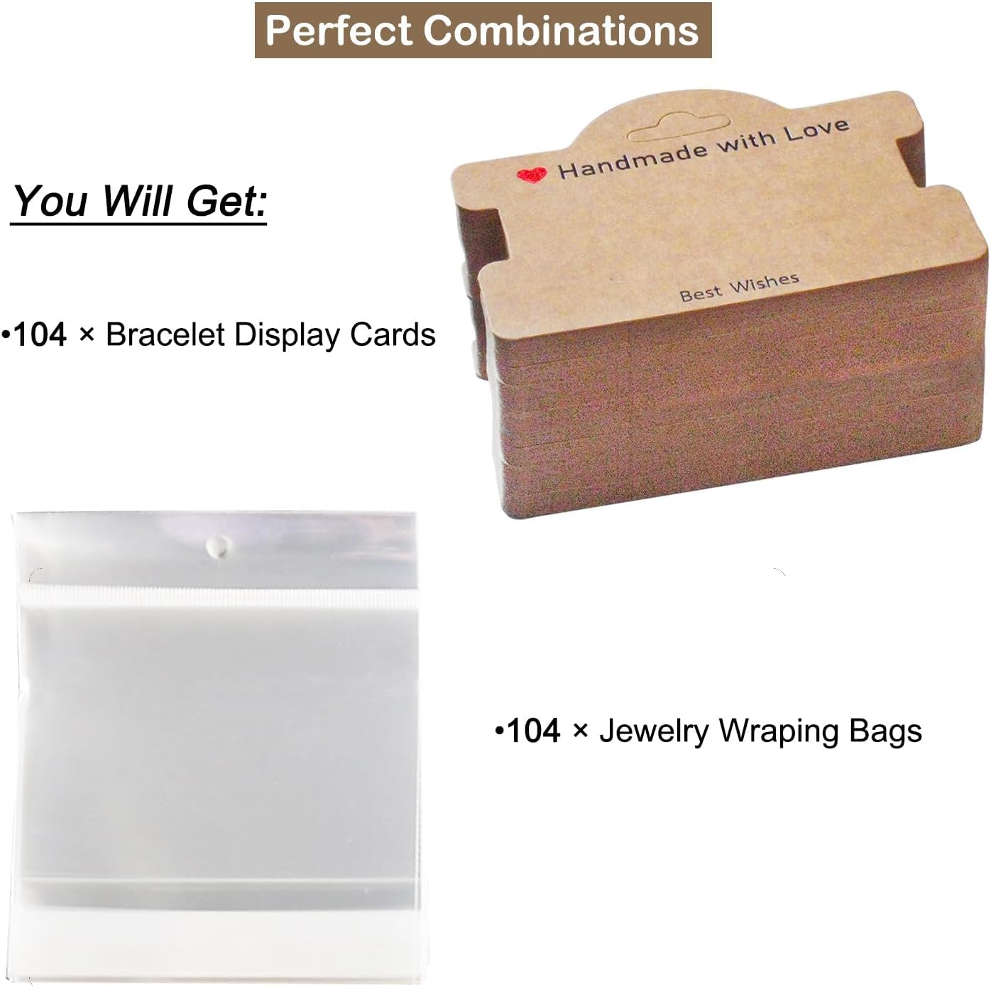 104 Set Bracelet Packaging for Small Business, Display Cards with Clear Bags, Handmade with Love Hanging Jewelry Cards, Tags, Business Supplies for Selling Necklace, Earrings (Brown)