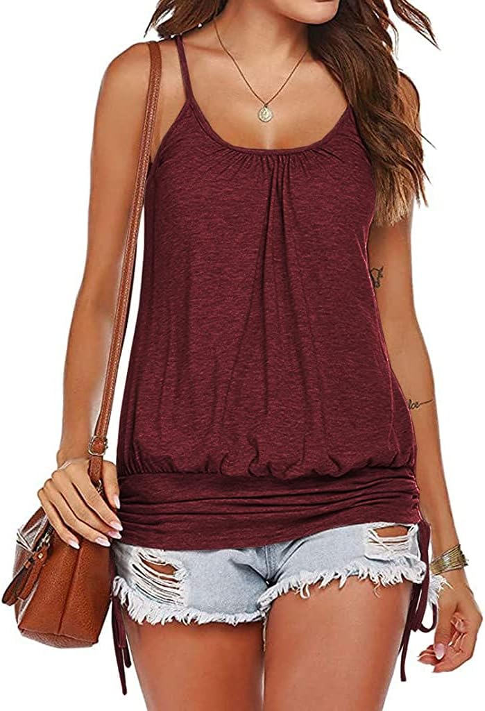 Hongqizo Women Summer Tank Tops Casual Spaghetti Strap Banded Bottom Loose Camisole Side Shirring Lace Up Shirts