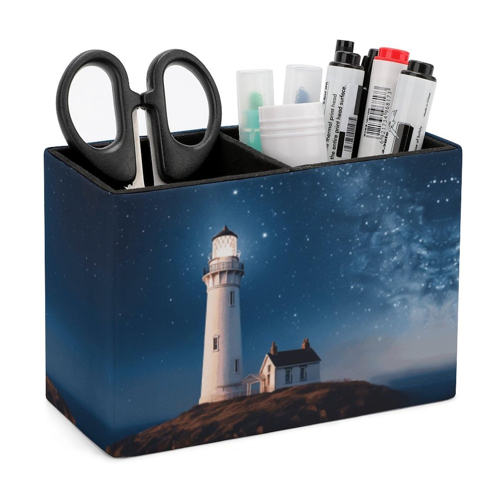 LZQPOEAS Exquisite Patterns PU Leather Pen Holder, Multifunctional Desktop Organizer Caddy with 2 Compartments, Lighthouse Under Starry Night Sky Pencil Cup Makeup Brush Holder for Office Home