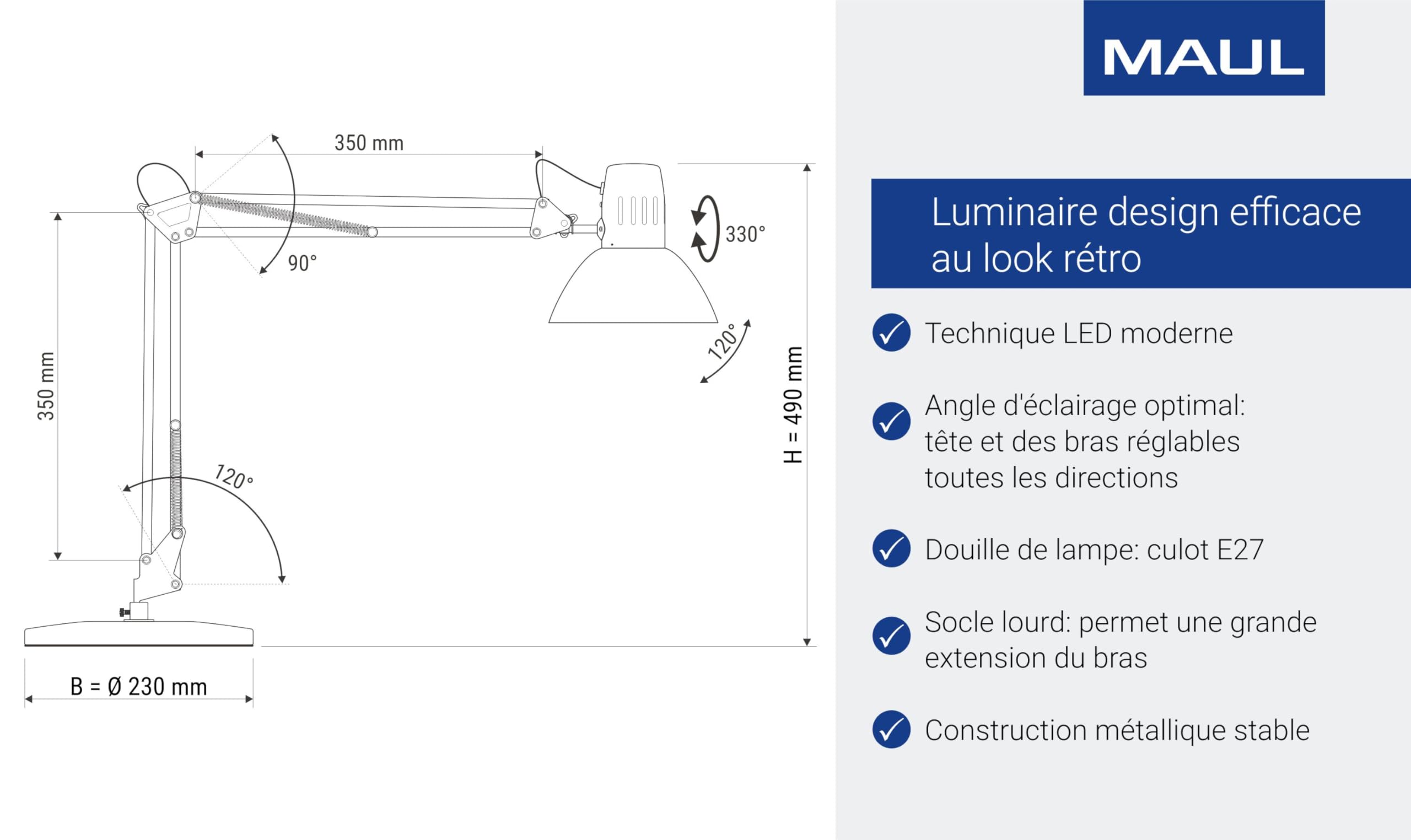 MAUL Lampe de bureau MAULstudy blanche E27 socle stable | lumière ciblée, bras orientable, tête inclinable, ampoule au choix, base lourde, dessous protecteur
