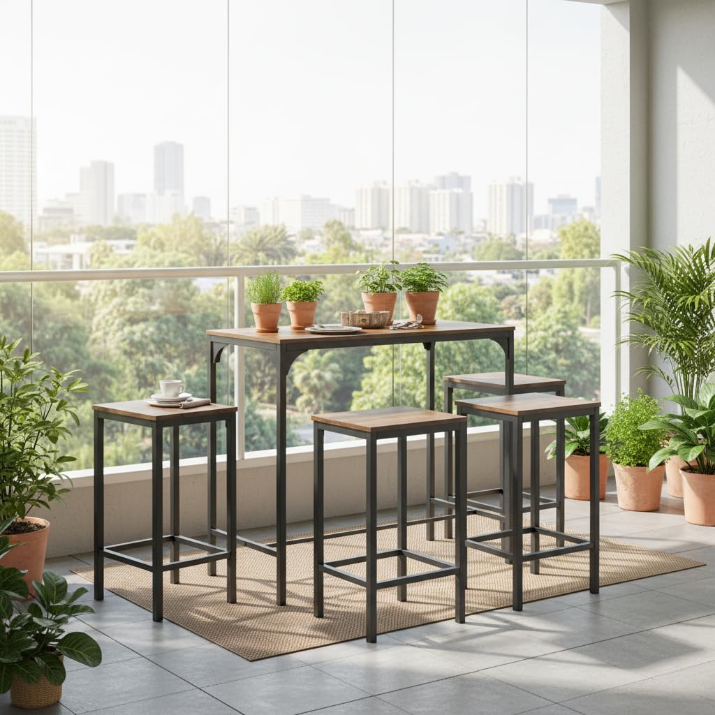 FurnitureR - Juego de 5 Barras de Bar, Mesa de Bar, con 4 Altas, Marco de Acero, Estilo Industrial, rústico marrón, para Cocina, Comedor, Sala de Estar, 100 x 60 x 90 cm