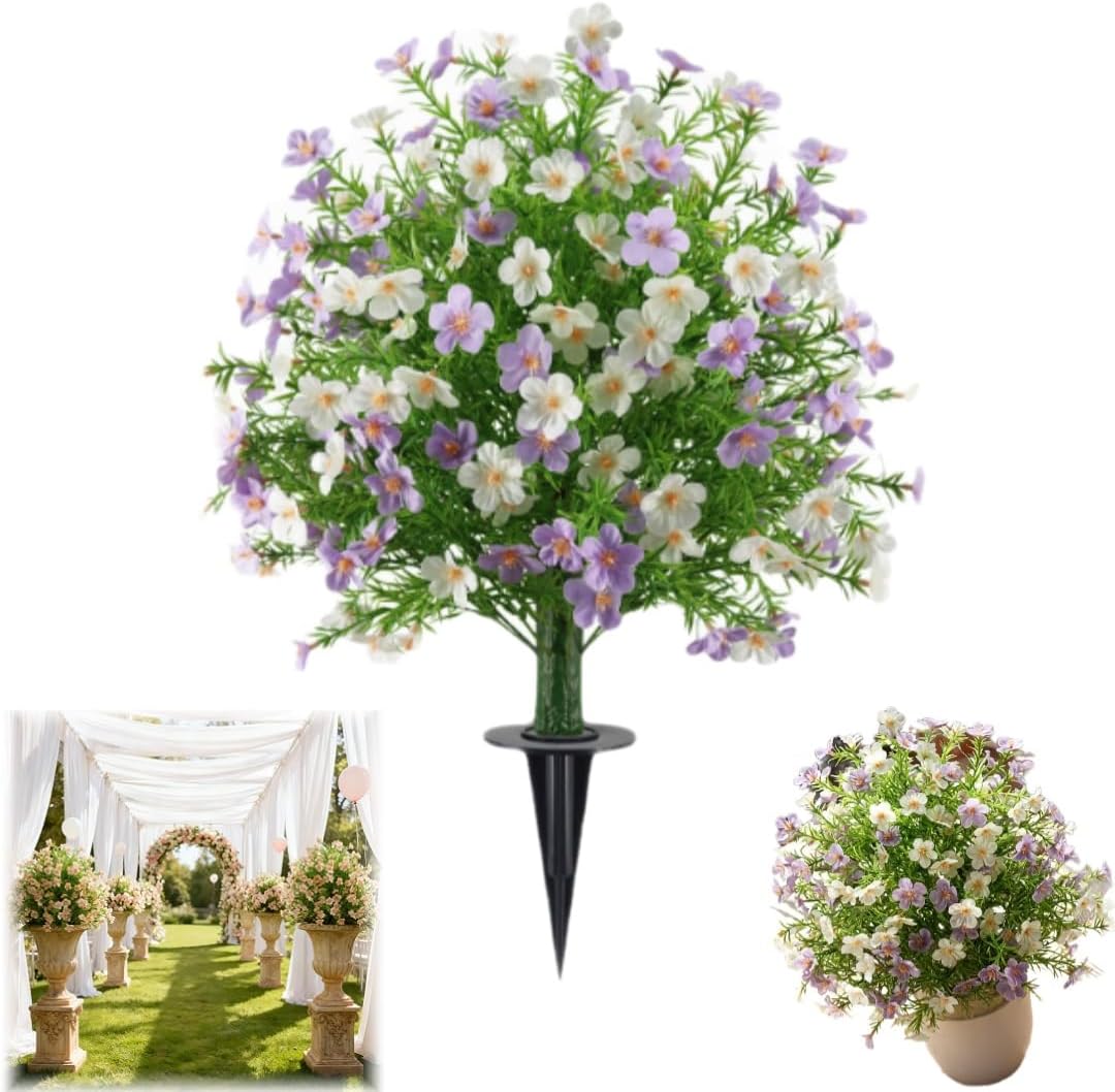 Artificial Boxwood Topiary Ball Trees with Ground Spike, 24” UV Resistant Faux Shrubs with Daisy Flowers, Outdoor Indoor Fake Plants for Front Porch Garden Patio Yard Decor(C)