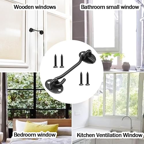 Miniatura 6 de Paquete de 2 ganchos de privacidad de 4 pulgadas y pestillo de ojal, cerradura de puerta de granero negro, ganchos de cabina de acero inoxidable con