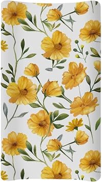 Yellow Flowers Changing Pad Cover Soft Waterproof Nursery Pad Change Cover Lightweight Cozy Stretchy Changing Table Cover for Boys Girls