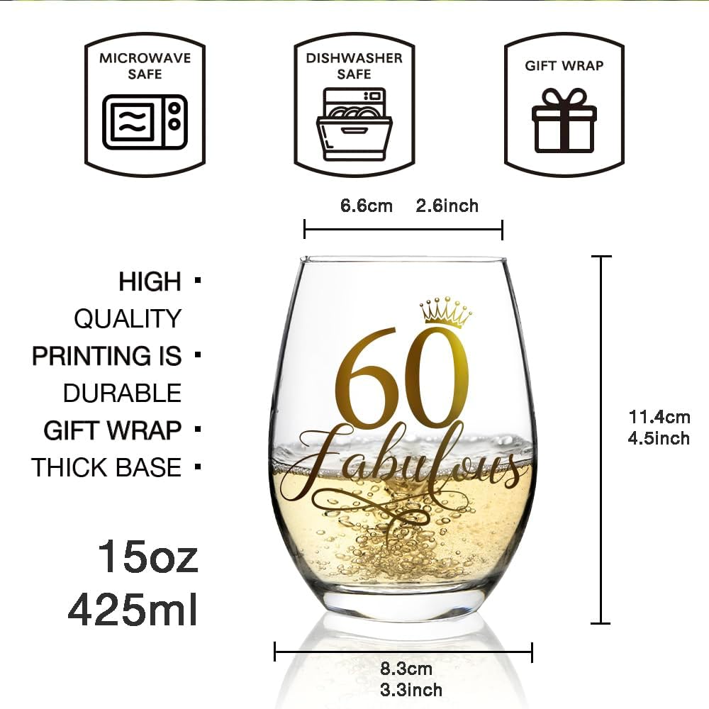 Fabulous Stemless Wine Glass & Linen Wine Gift Bag 15oz, Glitter Gold Design Happy Birthday Presents Wine Glass Gifts for Mom Dad Grandparents Woman Man Friends Aun (60th) - Image 2