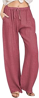 Linen Pants Women 2025 Summer Beach Lounge Palazzo Trousers Loose Elastic Plus Size Drawstring with Pockets Pants