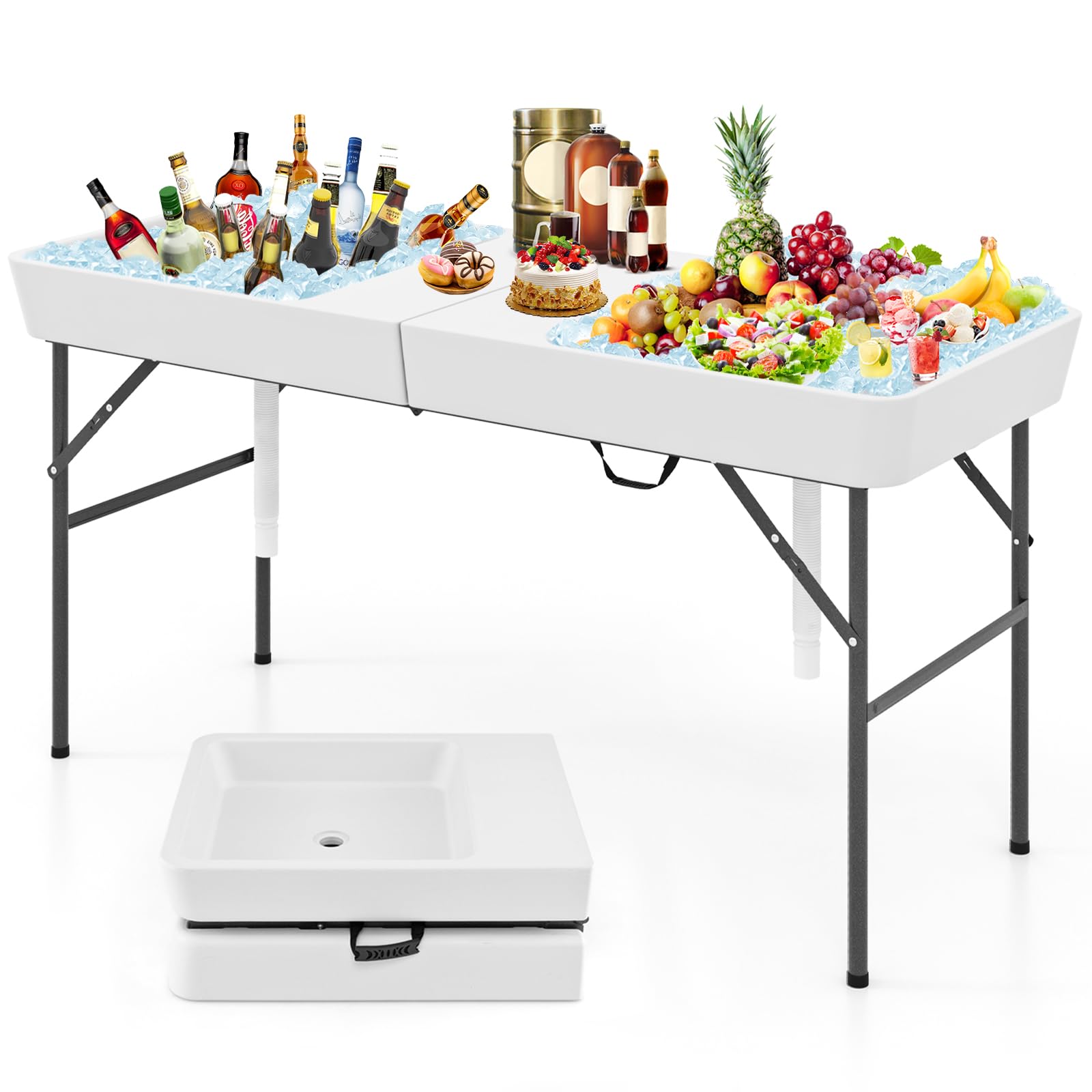 KOTEK 5 FT Folding Ice Cooler Table with Double Sinks and Drains, Portable Ice Table with Matching Skirt, Beverage Cooler Table, Chill Table for Party