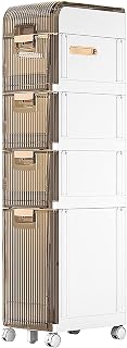 Slim Plastic Bathroom Storage Cabinet with Locking Wheels and Drawers Waterproof Side Storage Tower for Small Bathroom Kitchen Laundry Room