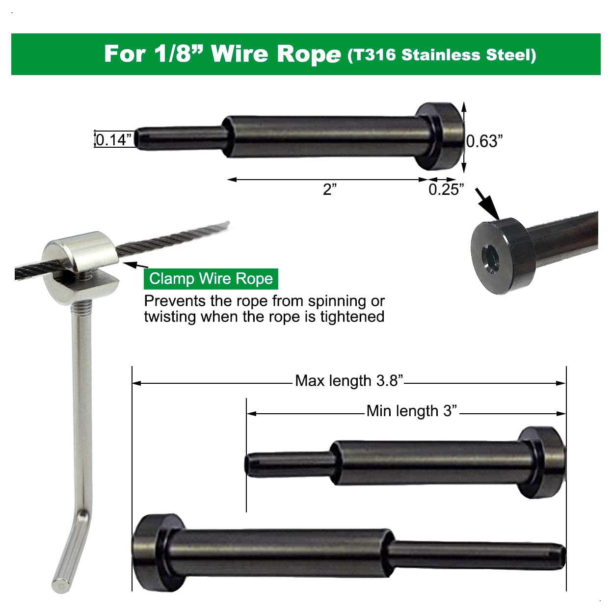 Black Invisible Turnbuckle Kit 1/8 Stainless Steel Cable Railing Hardware Kit 20 Pcs for Wood & Metal Post Cable Railing System