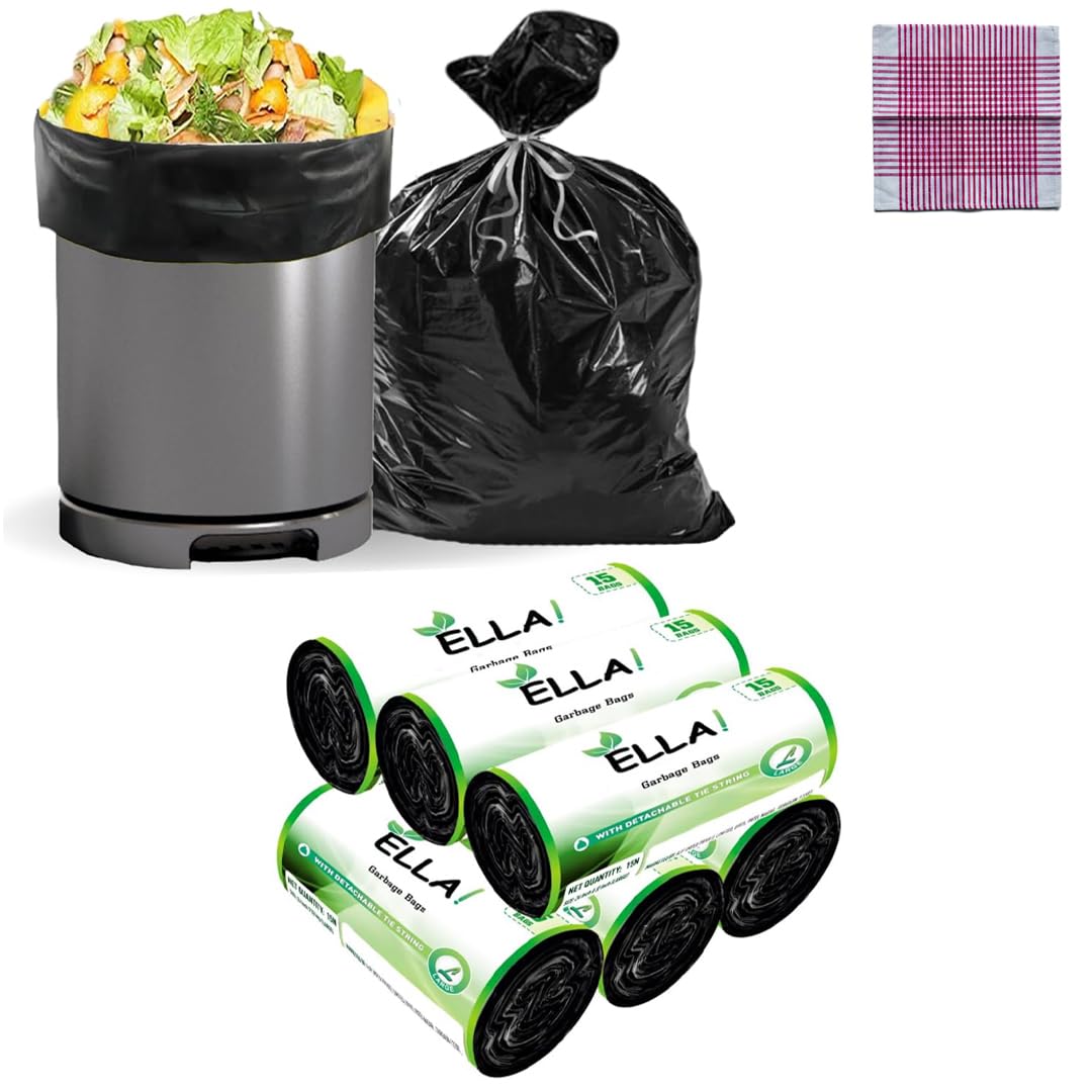 ELLA Garbage Bags 24x32 Inches Large 90 Bags 6 Rolls | Leak Proof & Tear-Resistant Trash Bags for Kitchen, Home & Commercial Use | Dustbin Bags For Dry & Wet Waste With Free Check Duster Cloth -Black