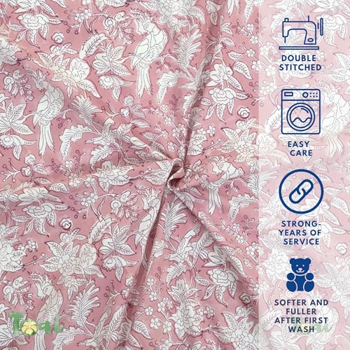 Image of TOAI Hand Block Printed Bedsheet | Bed Spread Flatsheet Bed Sheet | Pure Cotton | Queen Size 90 inchx108 inch | 210 TC Luxury Cotton | 2 Reversible Pillow Covers |Pink Bird Kalamkari
