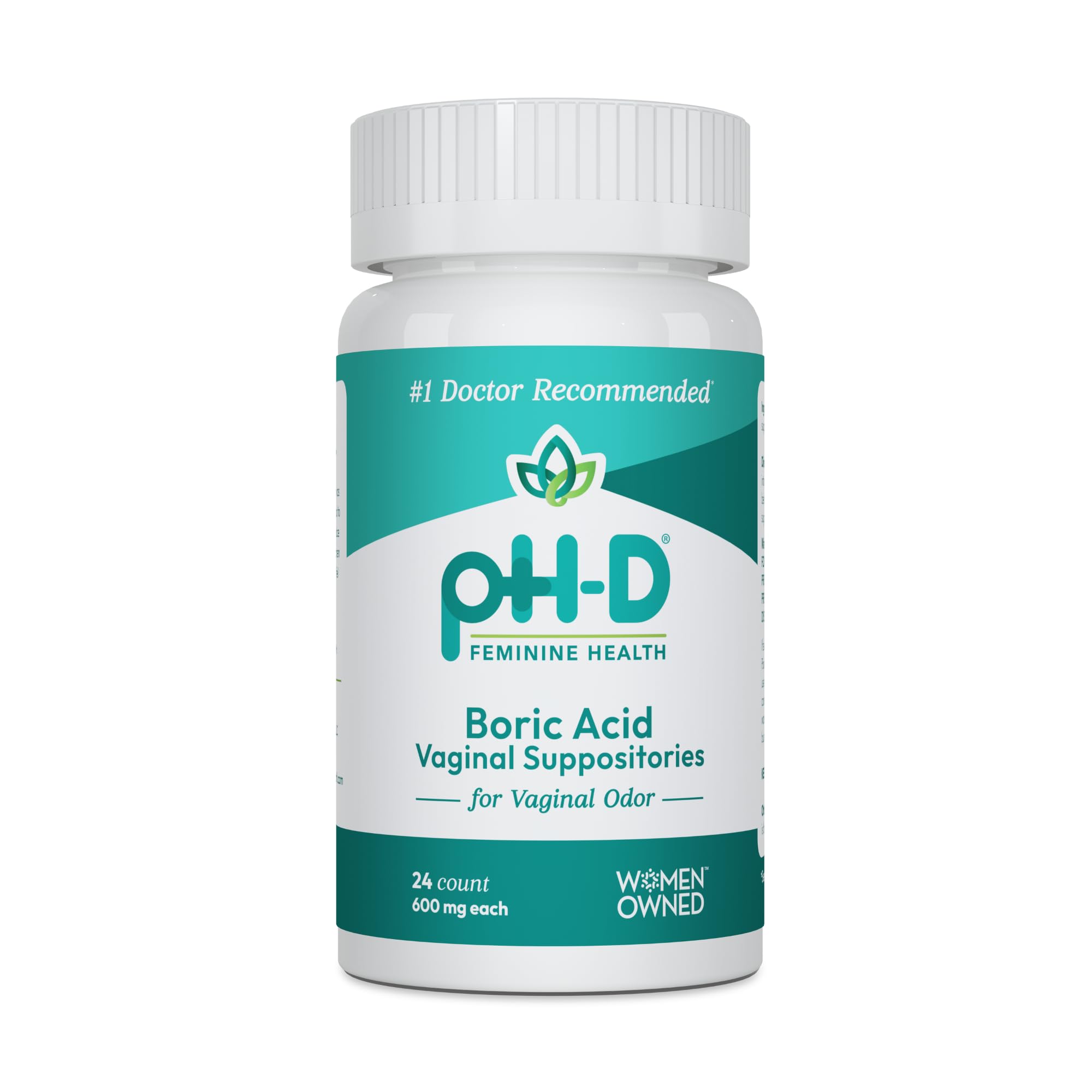 pH-D Feminine Health Support by Vireo, Boric Acid Vaginal Suppositories, Bottle of 24 (600mg)