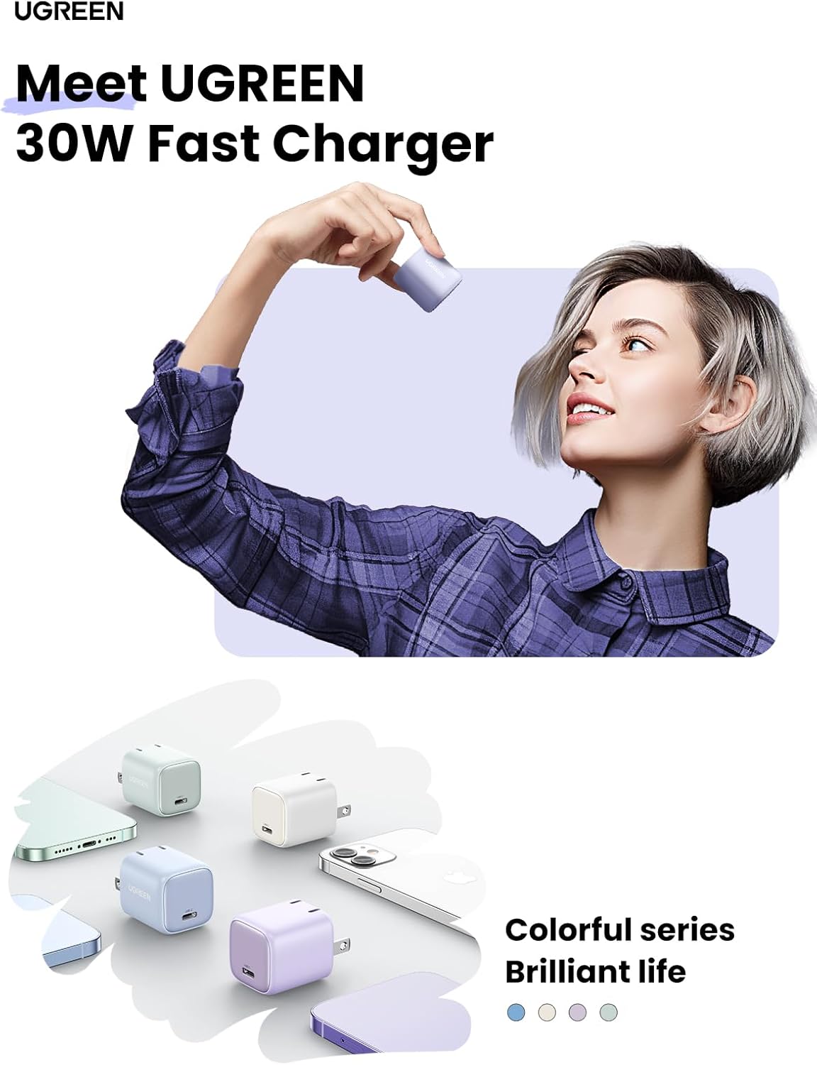 UGREEN 30W USB C Charger, Nexode Foldable GaN PPS Compact Fast Wall Charger Block, USB-C Power Adapter for iPhone 17/16/15/14, Galaxy S25/S24/S23, Pixel 9/8/7, MacBook Air, iPad(Purple) - Image 2