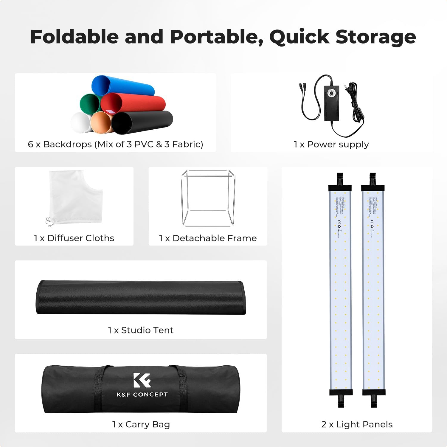 K&F CONCEPT Photo Studio Light Box, 24" Shooting Tent with 2 Adjustable 5600K Light Panels & 6 Backdrops, CRI 97+, Dimmable Portable Folding Lightbox for Product Photography