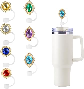 XIANGYUAN 7Pcs Silicone Stanley Straw Cover,10mm Reusable Straw Cover,Cute Funny Stanley Cup Accessories Straw Topper Compatible with Stanley 30&40 oz Tumbler with Handle 7Pcs Multi-colored diamonds