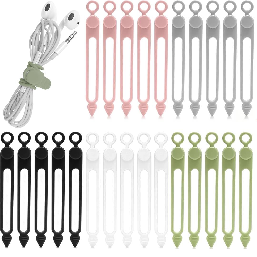 25 PCS Silicone Cable Tidy Clips, Reusable Wire Organiser Cable Ties, Flexible Cord Management Straps for Earphones, USB Cables, Chargers, Computer Wires and Home Office Cable Storage