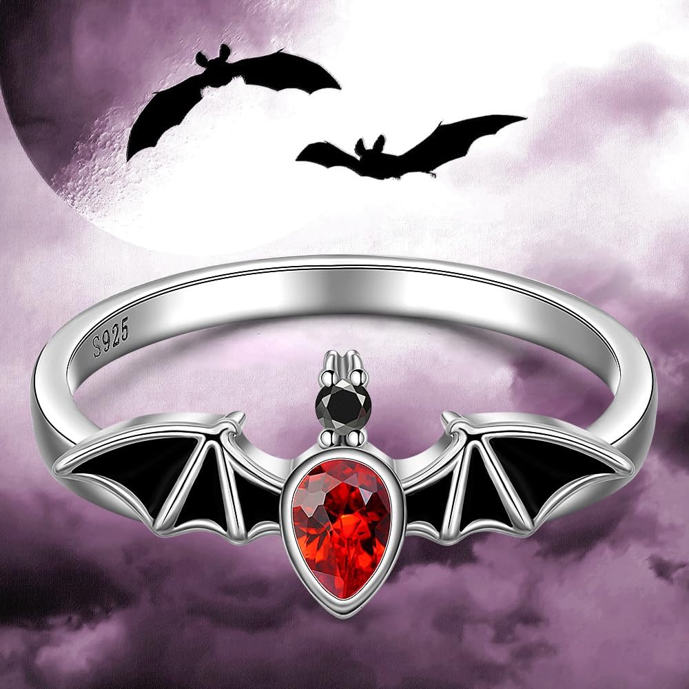 Halloween Rings Black Bat Ring for Women Sterling Silver 925 Gothic Vampire Witch Halloween Jewelry Band Holiday Christmas Gifts