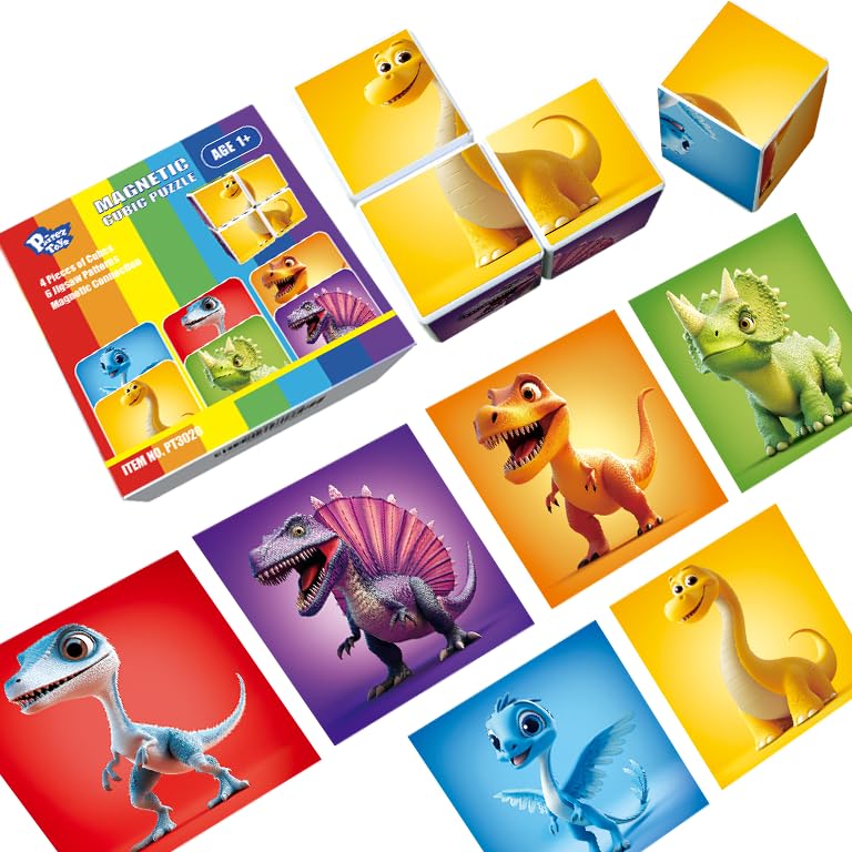 Image of Pairez Toys Magnetic Blocks for Toddlers, Dinosaur Toys Puzzle Cubes for Kids, Sensory Toys for Kids Ages 1-3 Year Old Boys & Girls, 6 Dinosaur Building Ideas