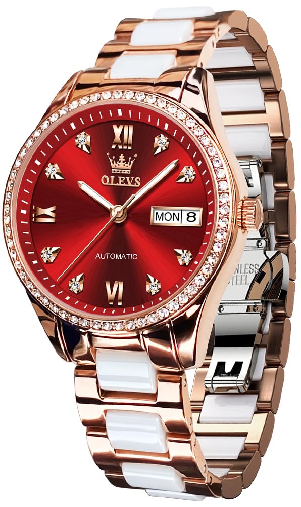 OLEVS Damen Automatikuhr Diamant Lünette modisch wasserdicht Kalender zweifarbig, Edelstahl Keramik Armband