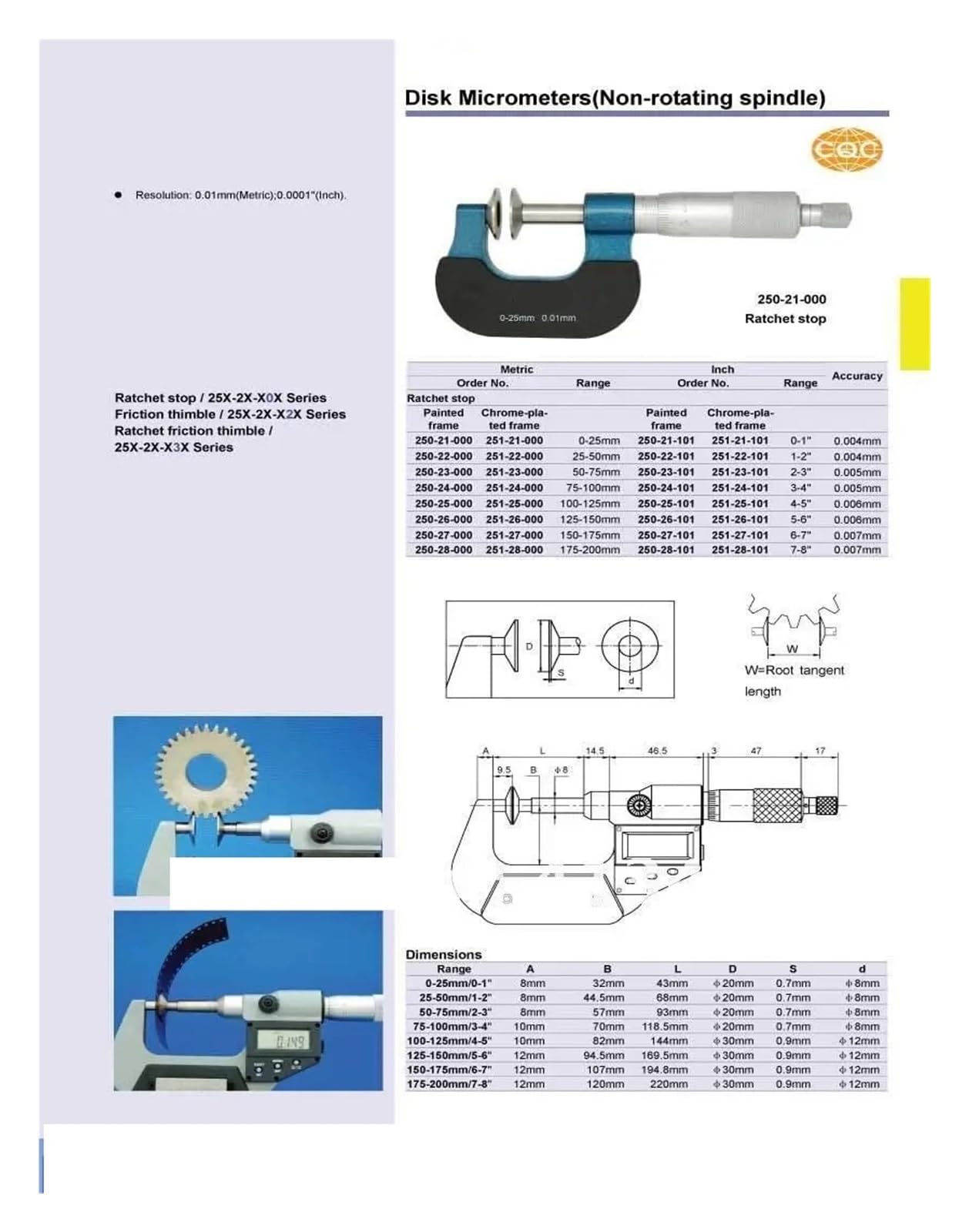 Mikrometr zewnętrzny 0-25 mm 0,01 mm Grubość mikrometrów 25-50 mm 50-75 75-100 100-125 175-200 mm 0,01 (0-25 mm Oś obrotu)
