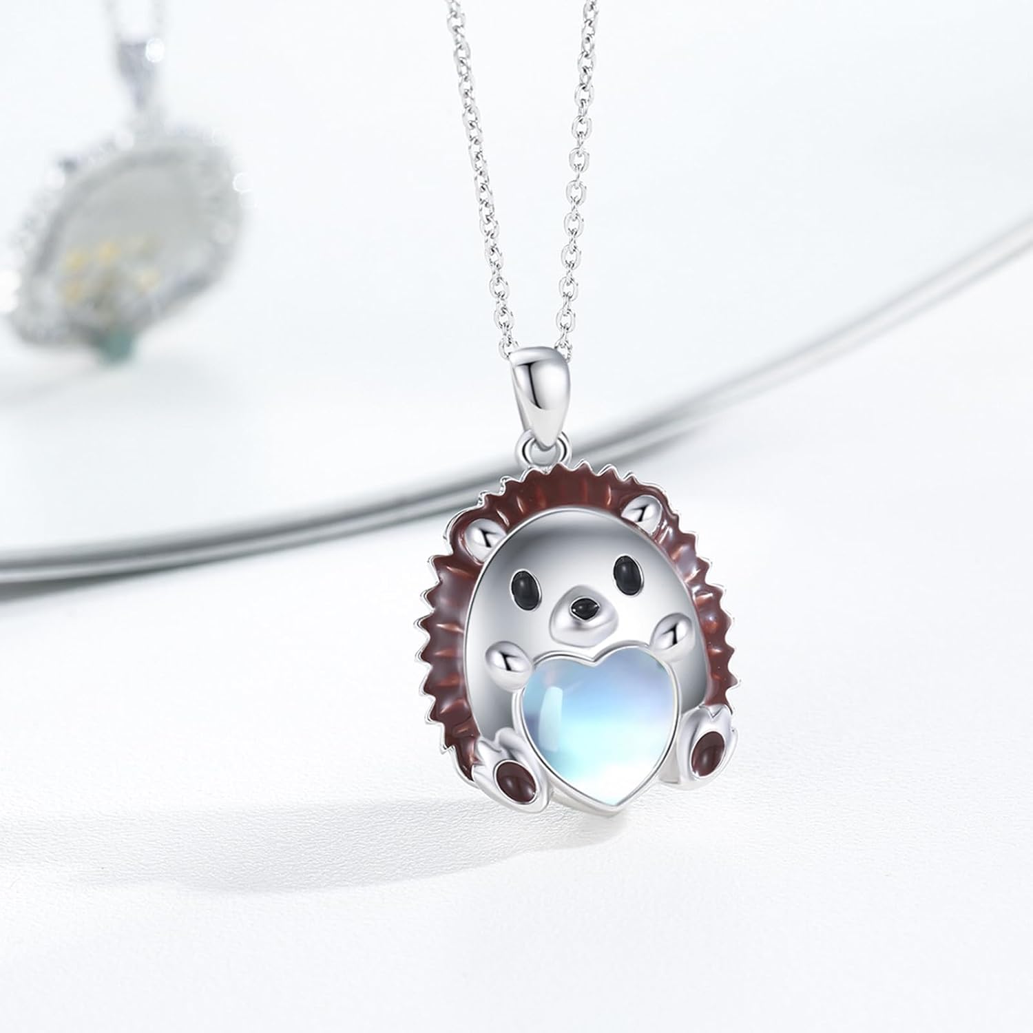 Christmas Gifts 925 Sterling Silver Hedgehog Pendant Necklace with Heart Shaped Moonstone for Hedgehog Lovers - Image 2