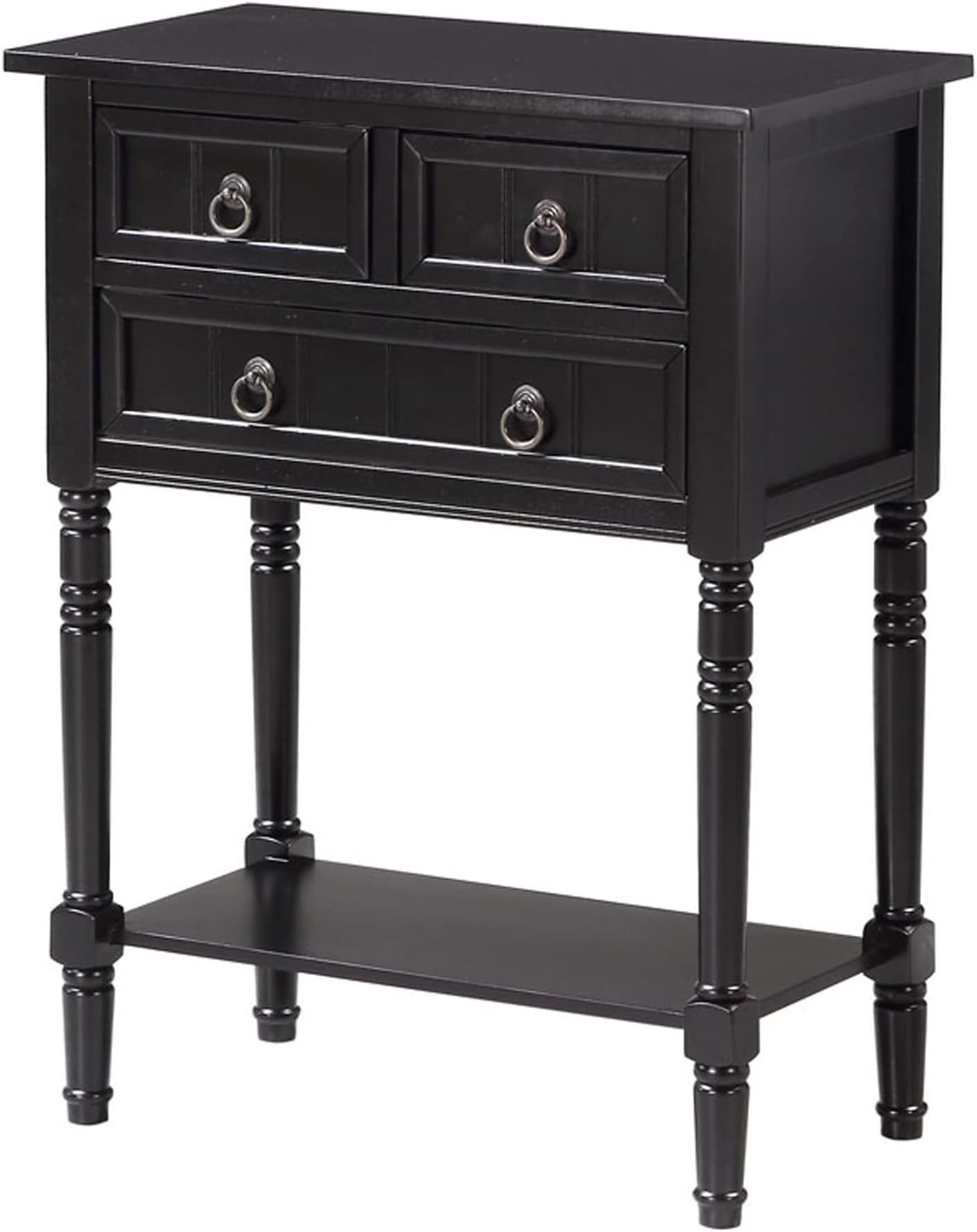 Convenience Concepts Kendra Entryway Hall Table 23.75" - 3 Storage Drawers, Traditional Console with Shelf for Decor, Office & Hallway Organizer, No Tools Assembly, Solid Wood Legs, Black