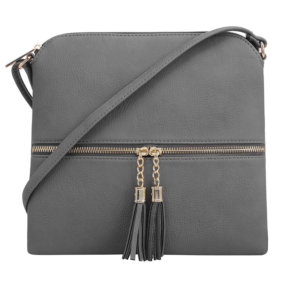 SG SUGULightweight Medium Crossbody Bag Shoulder Bag with Tassel and Zipper Pocket (Grey)