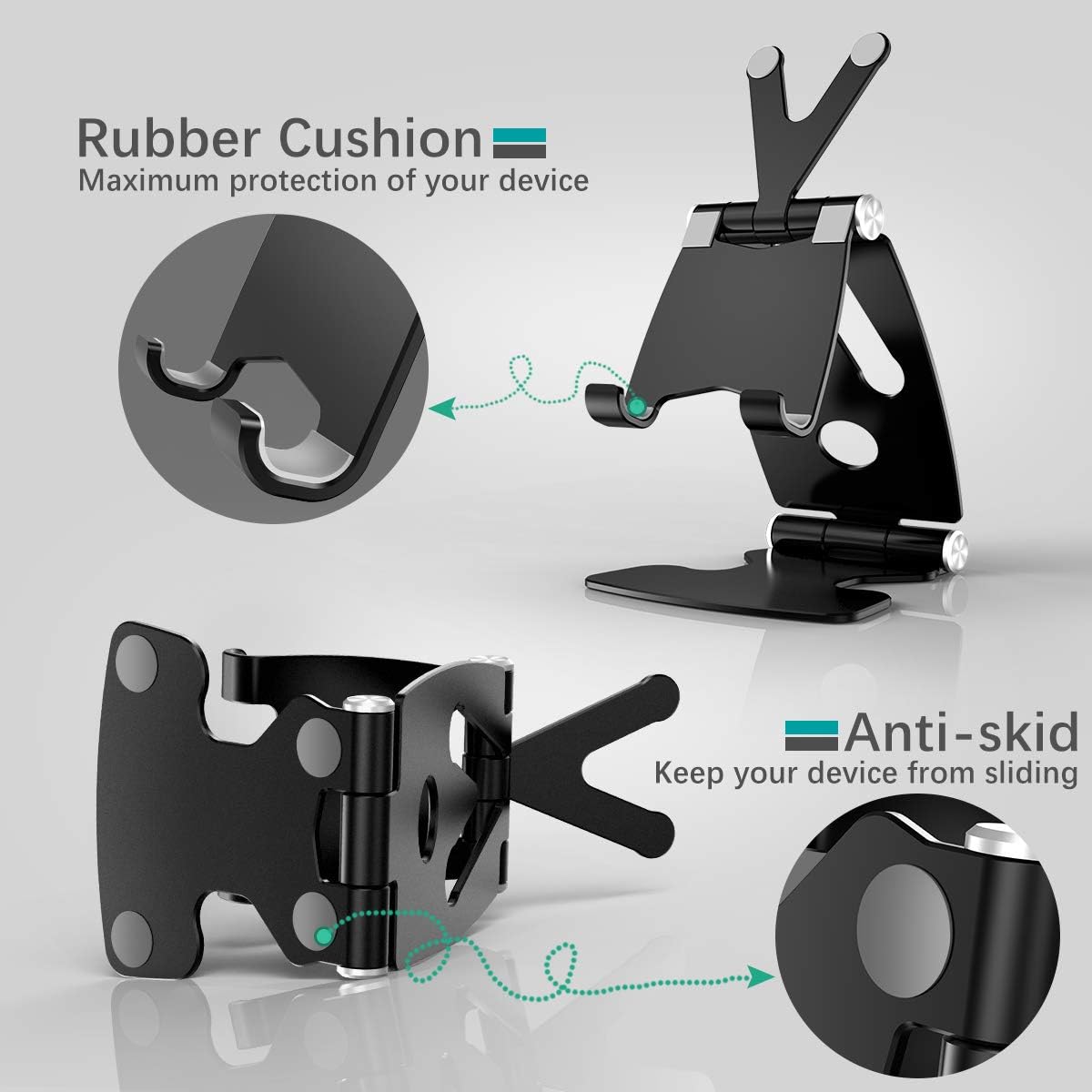 Cell Phone Stand for Desk, Damipow Adjustable Cellphone Holder [Fully Foldable], Anti-Slip Base and Scalable Support Compatible with 4-10" Mobile Devices, iPhone, Samsung, iPad, Tablet, Kindle - Black