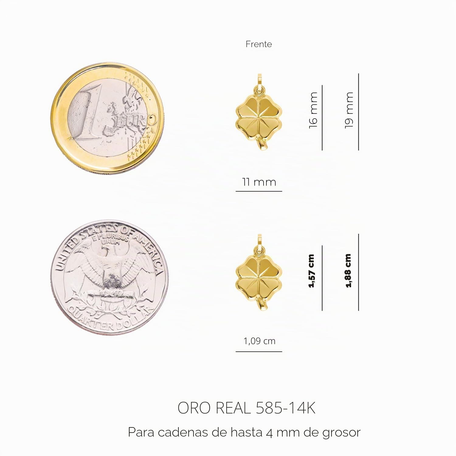 Lucchetta - Colgante Trébol de la Suerte de Oro Amarillo de 14 quilates, 20x11mm, Charms y Colgantes para Mujer Niña