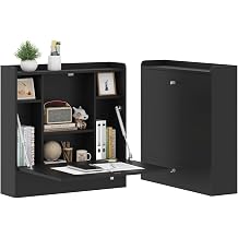 Wall Mounted Table Folding Desk,Drop Leaf Floating Table with 7 Storage Shelves,Computer Desk Home Office Desk Workstation for Small Space Study Bedroom Dining Kitchen Living Room Black