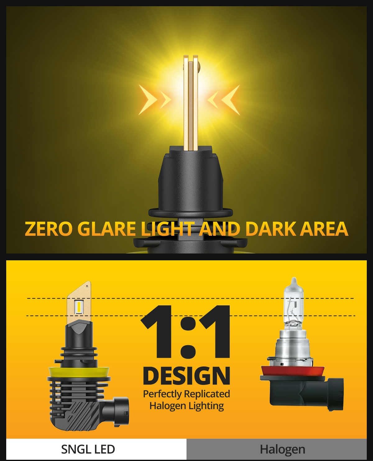 SNGL H11/H8/H16 LED Fog Light Bulbs or DRL, 3000K Amber Yellow, 13000LM Per Set, 500% Brightness, Fanless, for Fog Light or Powersport, Pack of 2