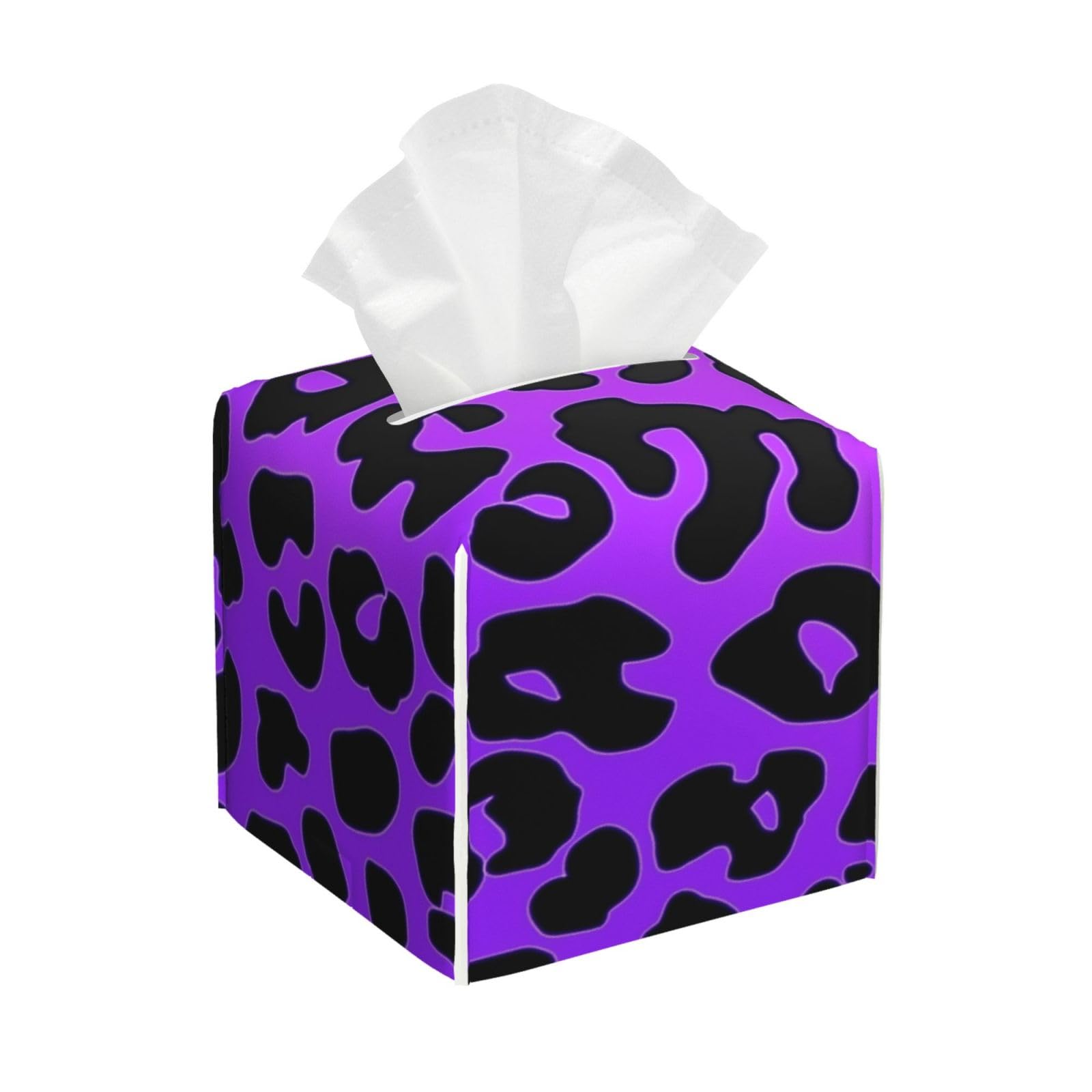 Square Tissue Box Cover, Leather Tissue Cube Box Holder, Purple And Black Leopard Print Facial Paper Case for Tabletop, Bathroom, Car, Office 5.2"x5.2"x5.2"in