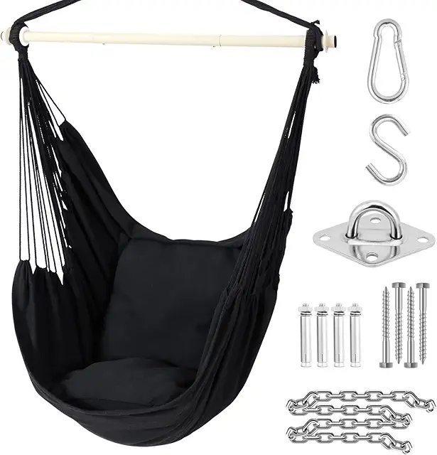 Ohuhu XL Hanging Chair Hammock with Cushions & Side Pocket - Black