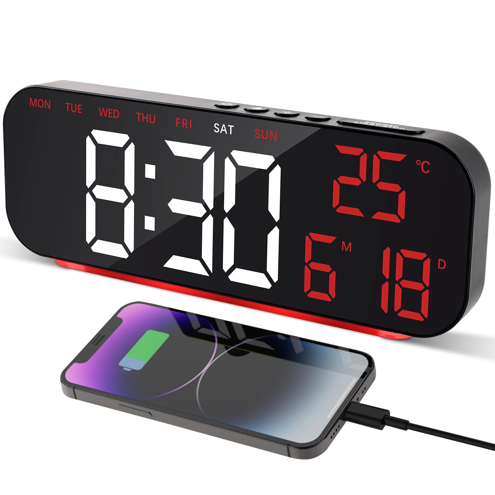 Cuteefun Digital Alarm Clock, Bedside Clock Mains Powered, 10" LED Display, Dual Alarms, Snooze, 5 Modes RGB Night Light, 5 Screen Brightness Levels, Temperature and Date, Red Digital