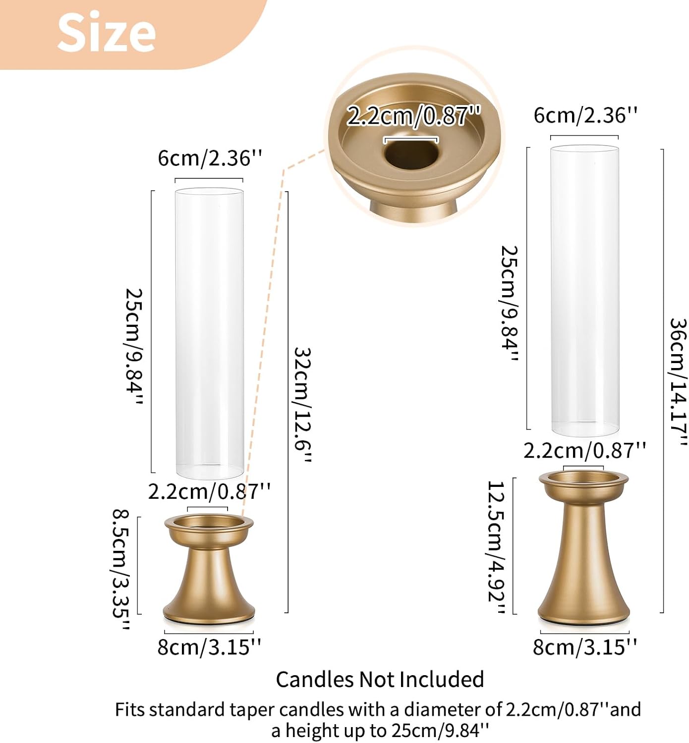 NUPTIO Taper Candle Holders Gold: Set of 2 Candlestick Holder with Hurricane Glass Cover - Tall Metal Candles Stick Stand for Fall Thanksgiving Christmas Seasonal Fireplace Decor - Image 4