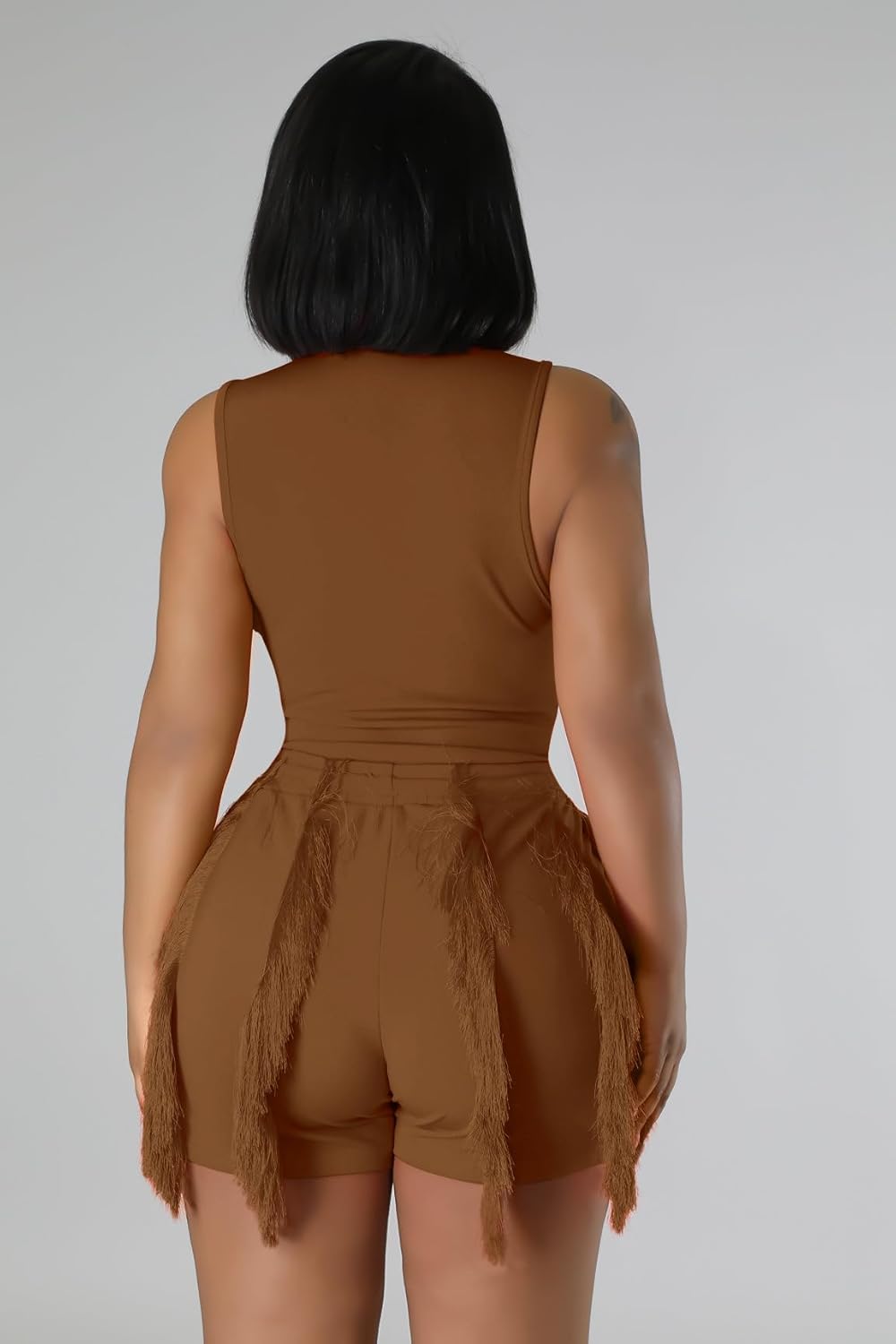 Two Piece Outfits for Women Casual Solid Sleeveless One Piece Tank Tops Fringe Pants Drawstring Shorts Jumpsuits - Image 4