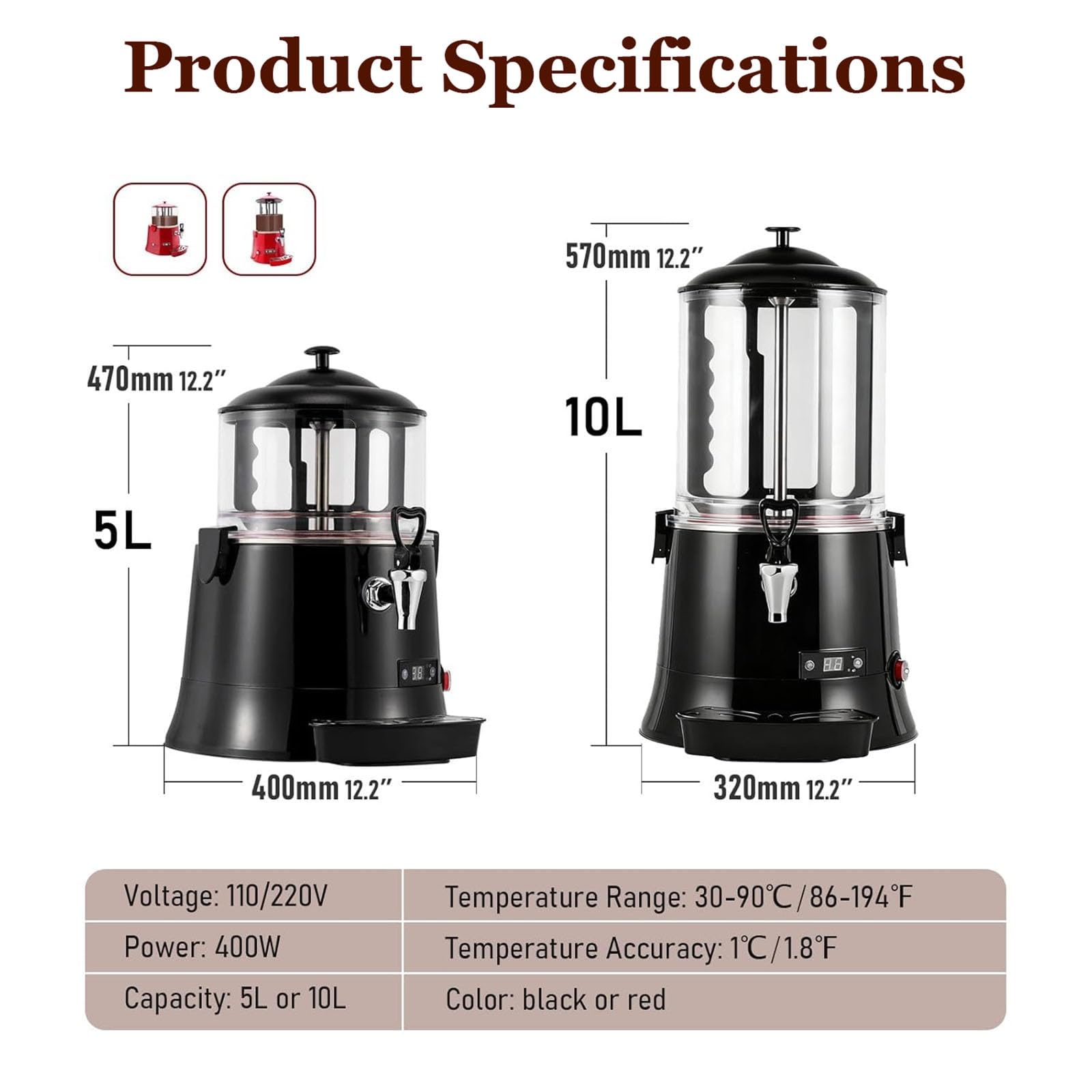 Distributeur de Chocolat Chaud Machine 110/220V 5L/10L Réglable 30-90°C Affichage LED Chauffe-Boissons Électrique