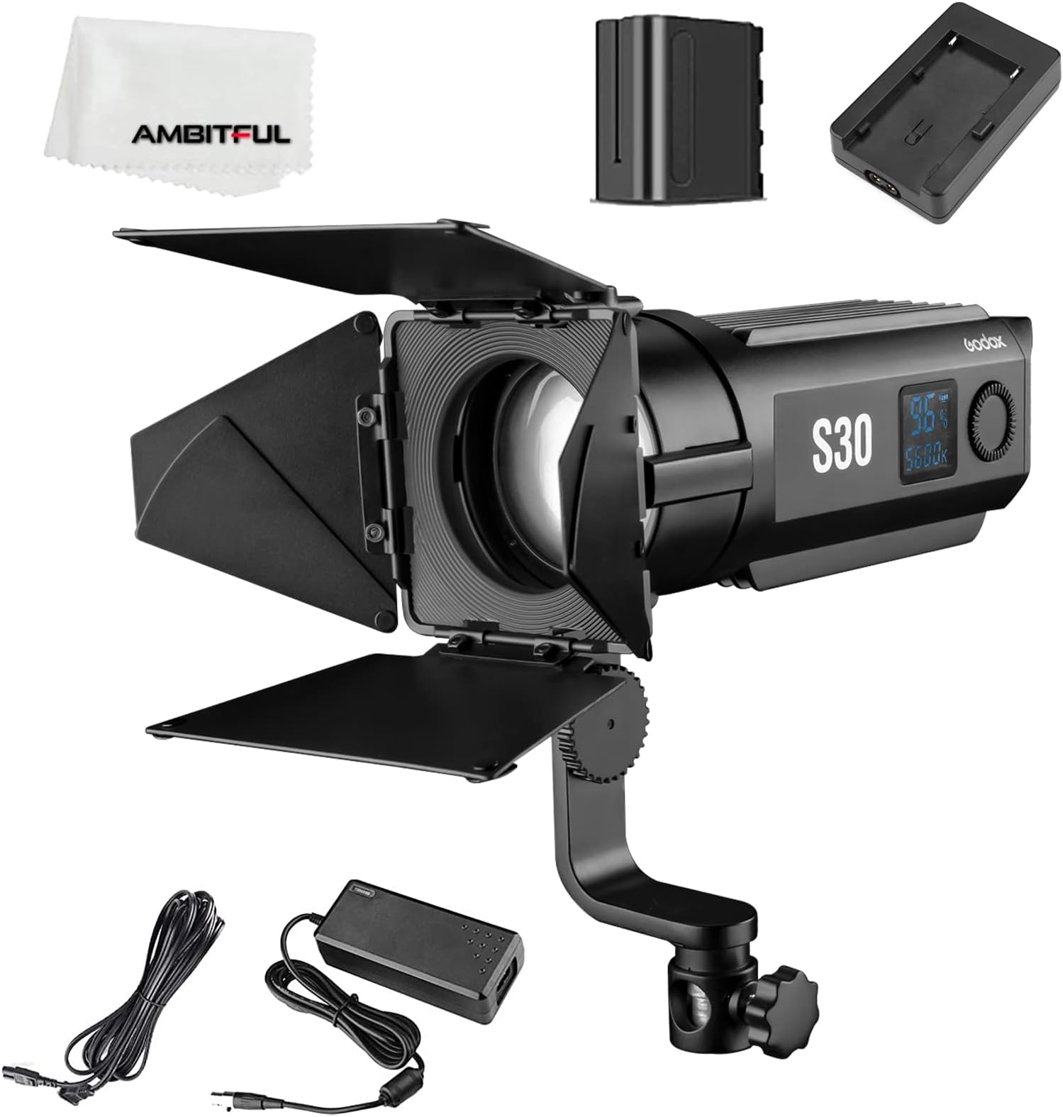 Godox S30 30W Focusing LED Continuous Adjustable Light Spotlight with Barn Door,NP970 Battery for Professional Photography for Film and Video Production/Still Life Shooting/Wedding Shooting