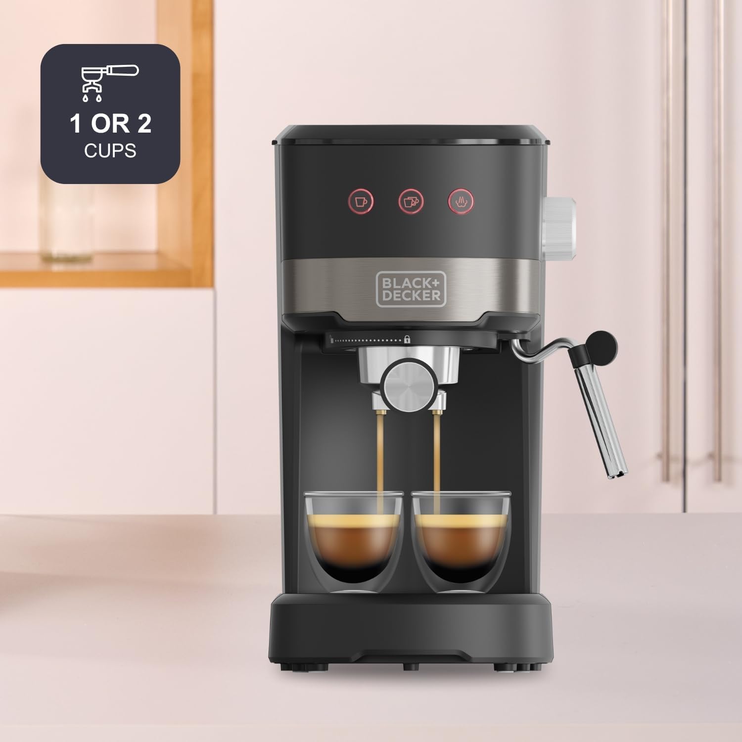 BLACK+DECKER – Macchina da Caffè Espresso Compatta BXCO1100E | 1100W | 20 Bar di Pressione | 3 Funzioni | Vaporizzatore Integrato | Serbatoio Estraibile da 1,4 L | Per Caffè Macinato