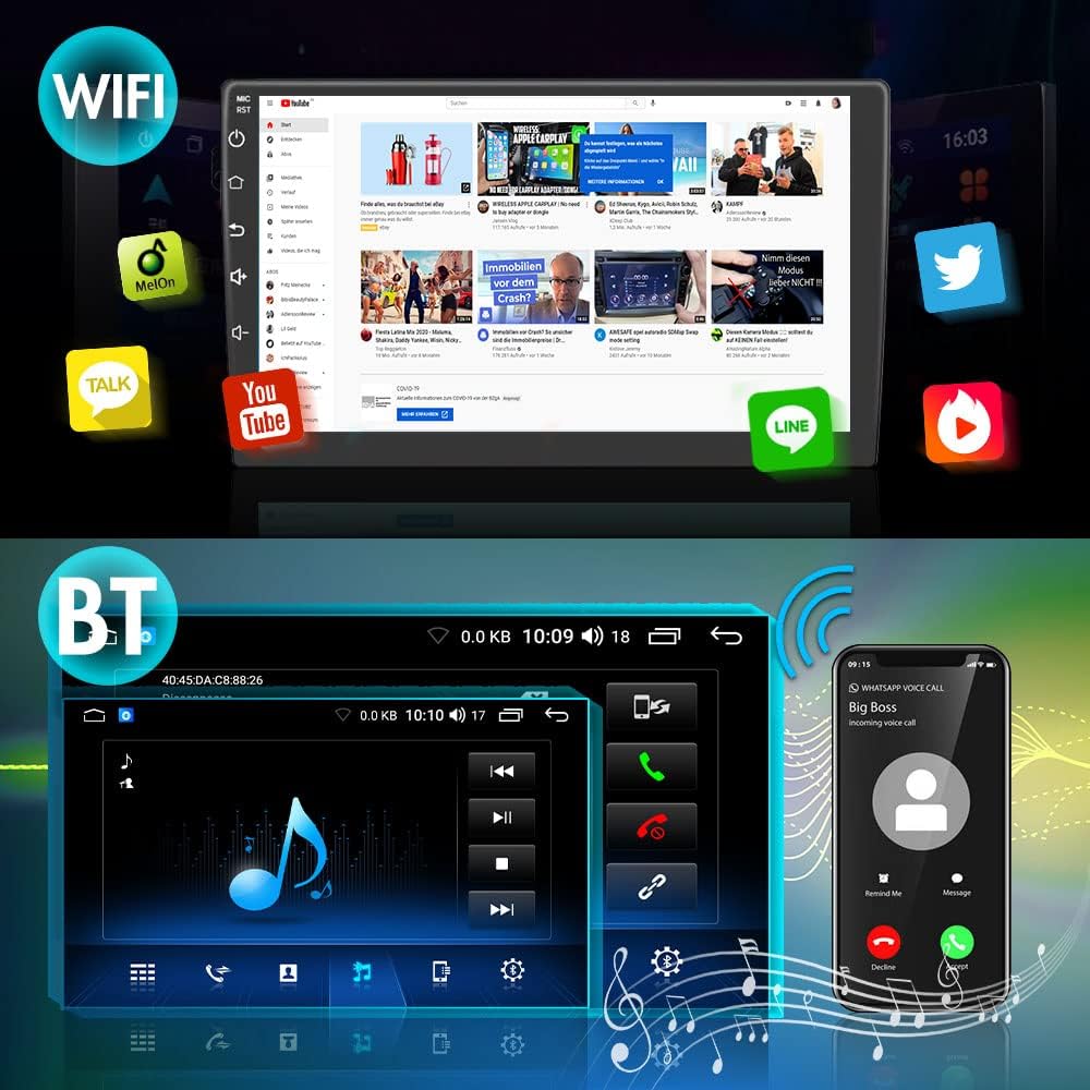 Car radio screen showing various apps like YouTube, Melon, Talk, Line, and a web navegador
