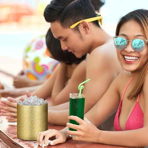 Miniatura 7 de Cubo de hielo con tapa, 2.8 L, doble pared de acero inoxidable que mantiene el frío durante más tiempo, cubo de hielo dorado aislado con pinza