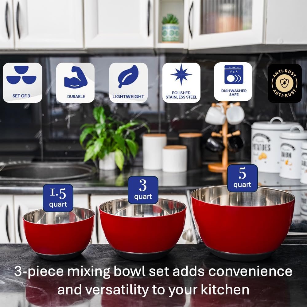 Stainless Steel Mixing Bowls Set, 3-Piece with Silicone Base | 1.5, 3 & 5 Qt Metal Bowls for Meal Prep, Baking, Cooking, Serving & Food Storage, Non-Slip Base, Dishwasher Safe, Red