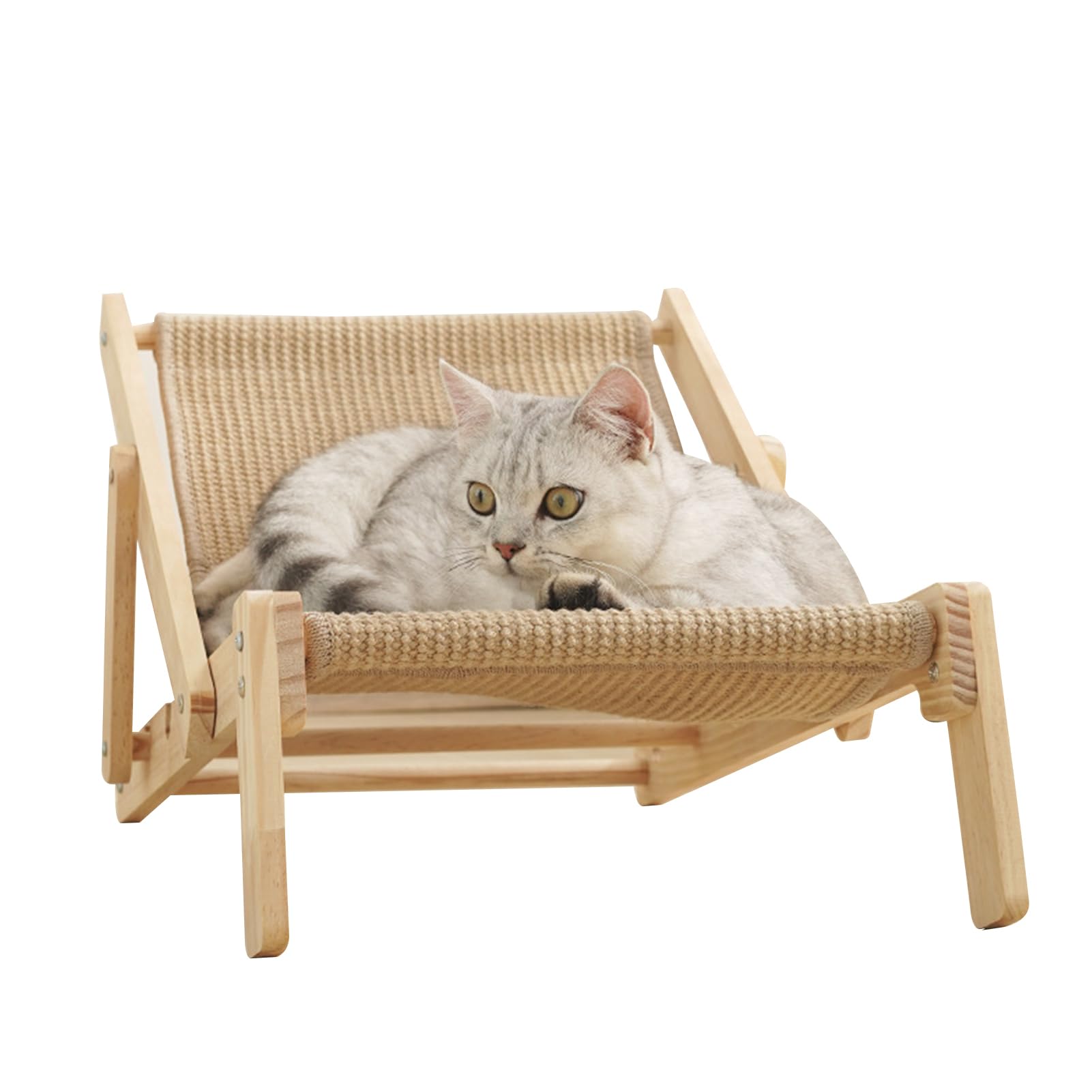 Meindin Hamaca para gatos, silla de sisal para gatos, silla de playa ajustable de madera para gatos, rascador de sisal natural, camas elevadas estables para gatos para interiores y exteriores,