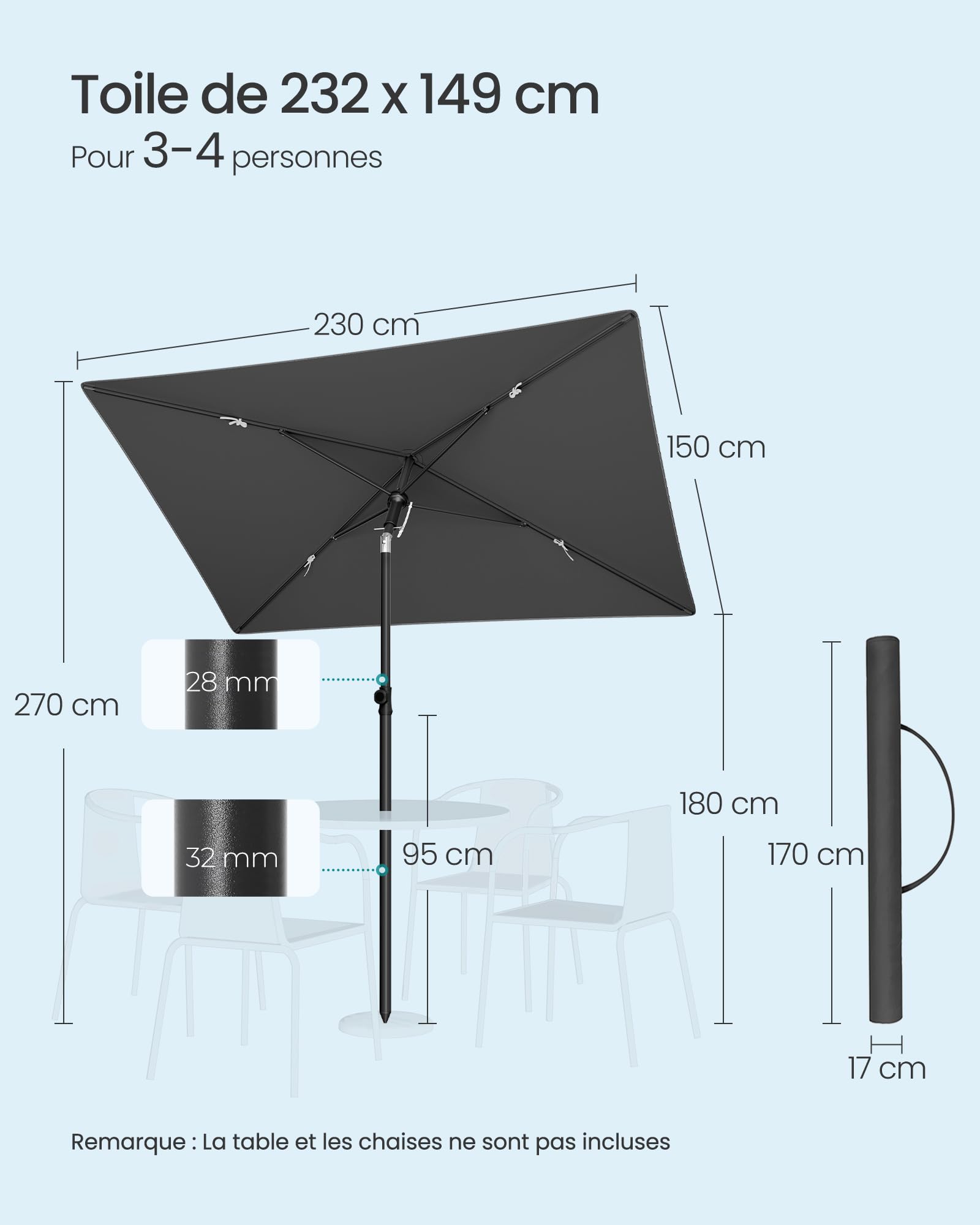 SONGMICS Parasol de balcon, parasol de jardin rectangulaire, UPF 50+, pliable, parasol de terrasse, extérieur, jardin, terrasse, plage, sac de transport, sans support