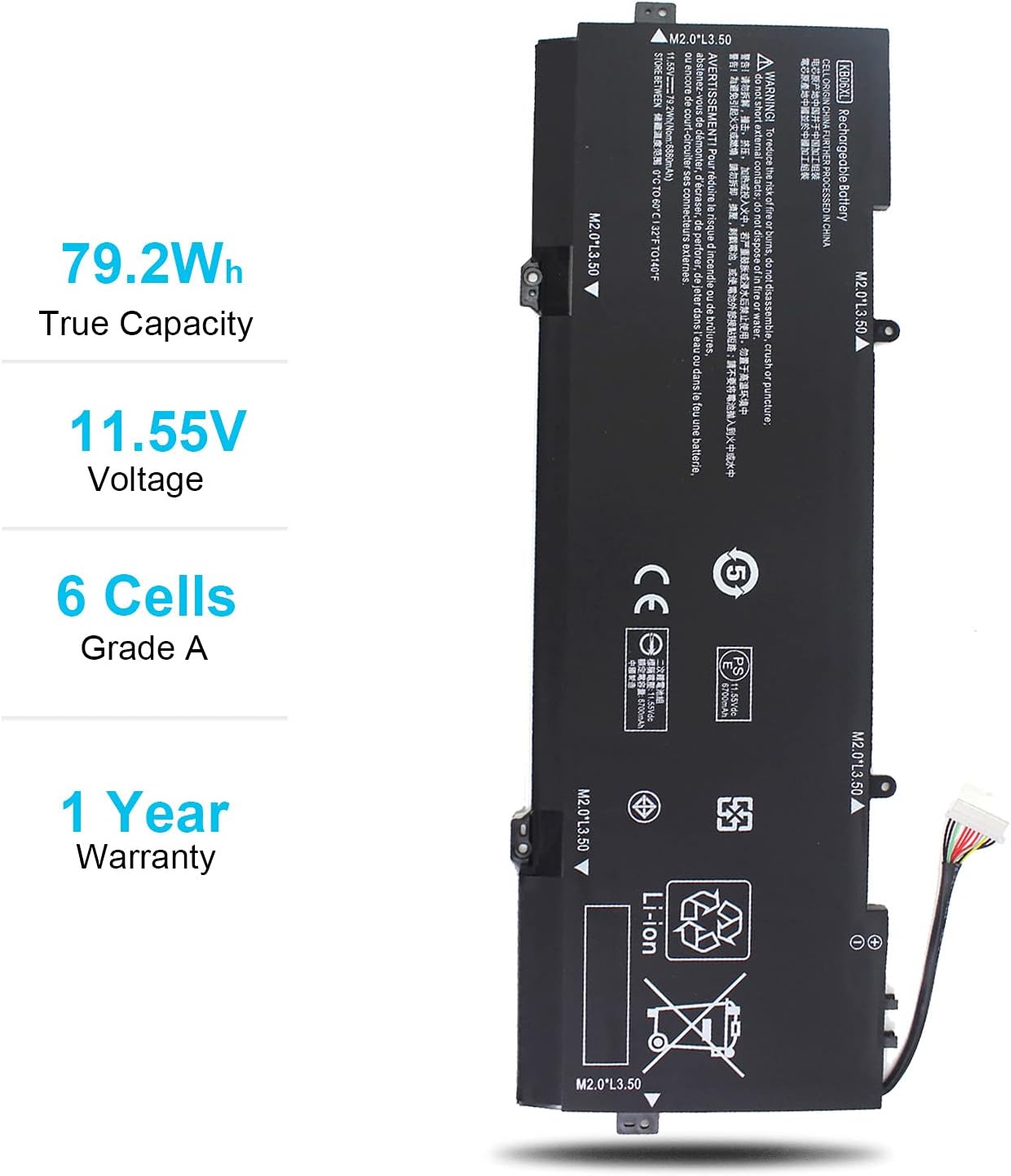 KB06XL battery showing 79.2Wh capacity, 11.55V voltage, and 6 cells