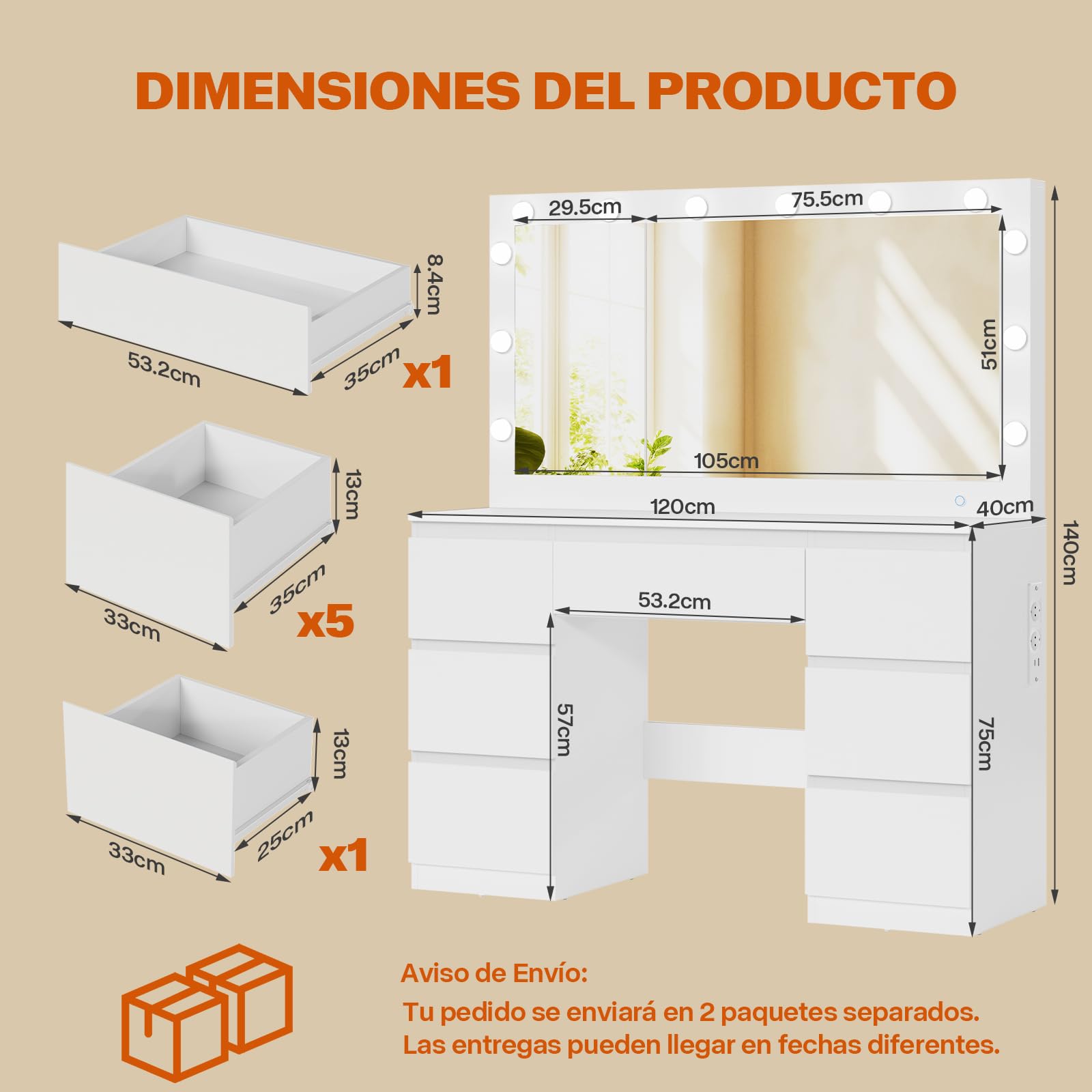 TRIUMPHKEY Tocador de Maquillaje con Luz Espejo Grande y Enchufes, 12 Luces LED Ajustables, Mesa de Maquillaje con 7 Cajones y Organizador de Joyas, 120x40x140 CM Moderno Blanco
