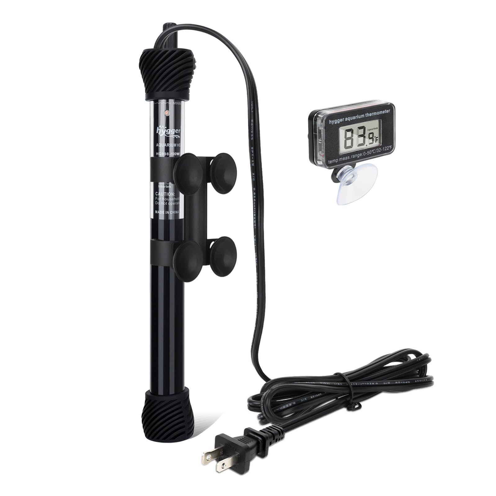hygger ETL Certification Aquarium Heater, 50W/100W/200W/300W Submersible Fish Tank Thermostat Heater with Firm Double Pair Suction Cups for Coral Saltwater and Freshwater Tank with Thermometer (200W)